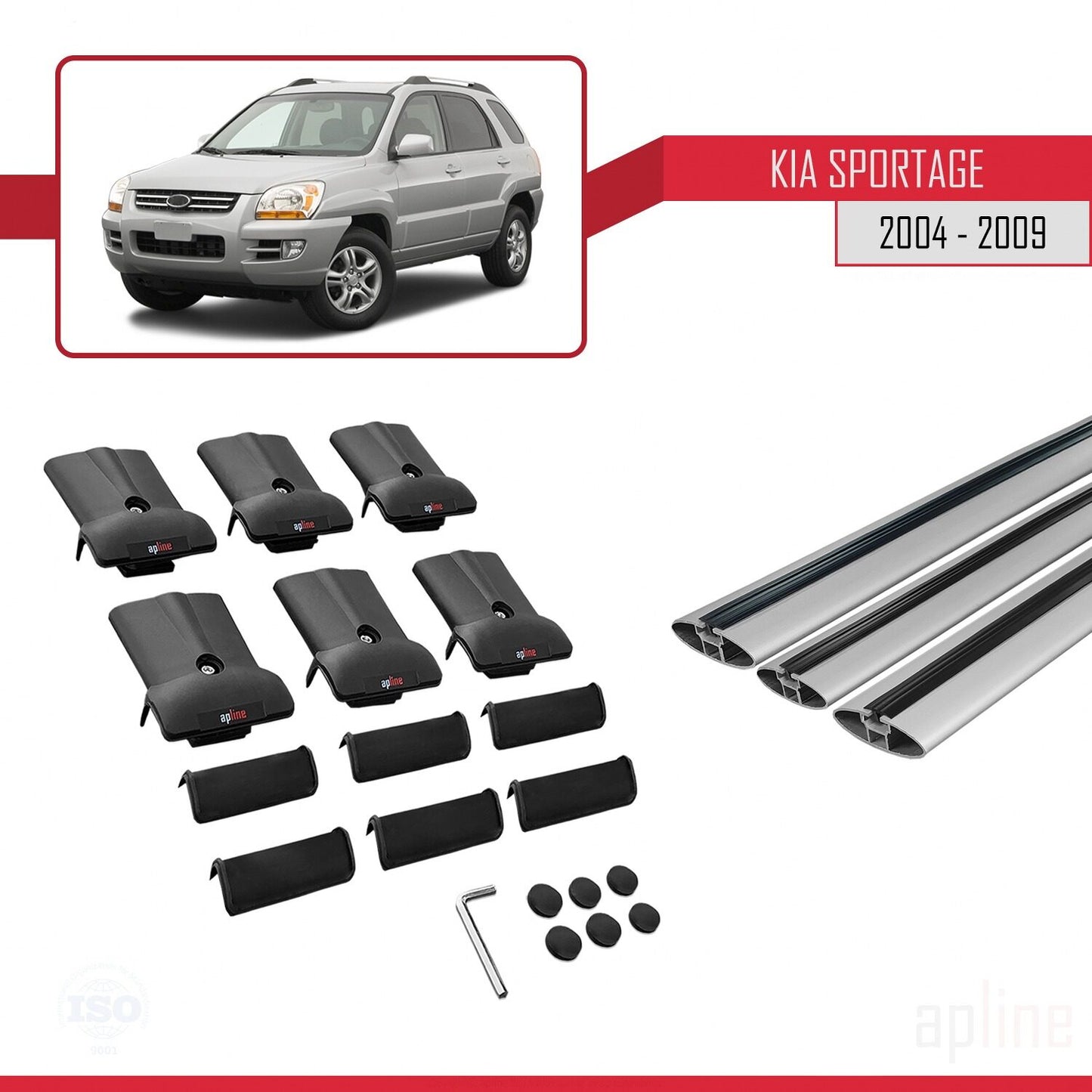 FLY Model Dakdrager bagagedrager compatibel met Kia Sportage 2 (JE) 2004-2009 Spoorstaven Grijs Aluminium 3 Staven