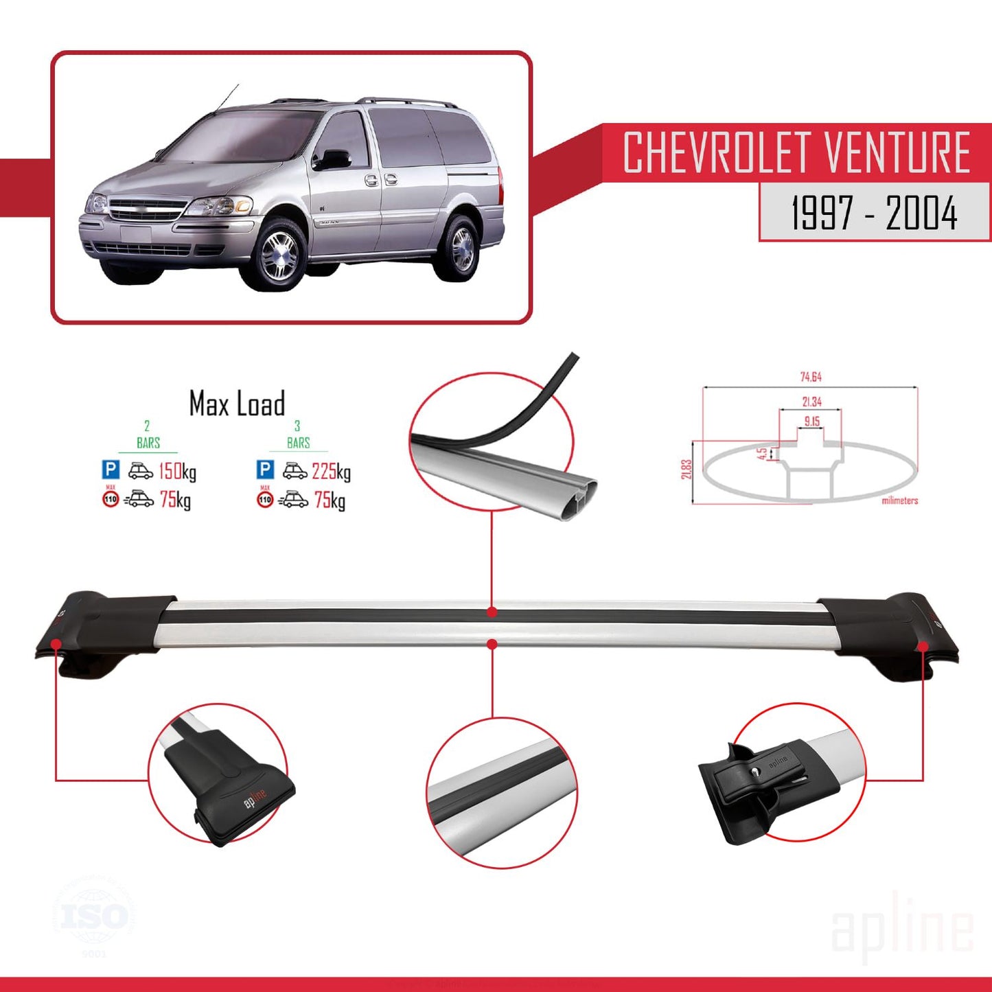 Compatible avec Chevrolet Venture 1997-2004 FLY Model Barres de Toit Railing Porte-Bagages de Voiture Gris Aluminium 3 Barres