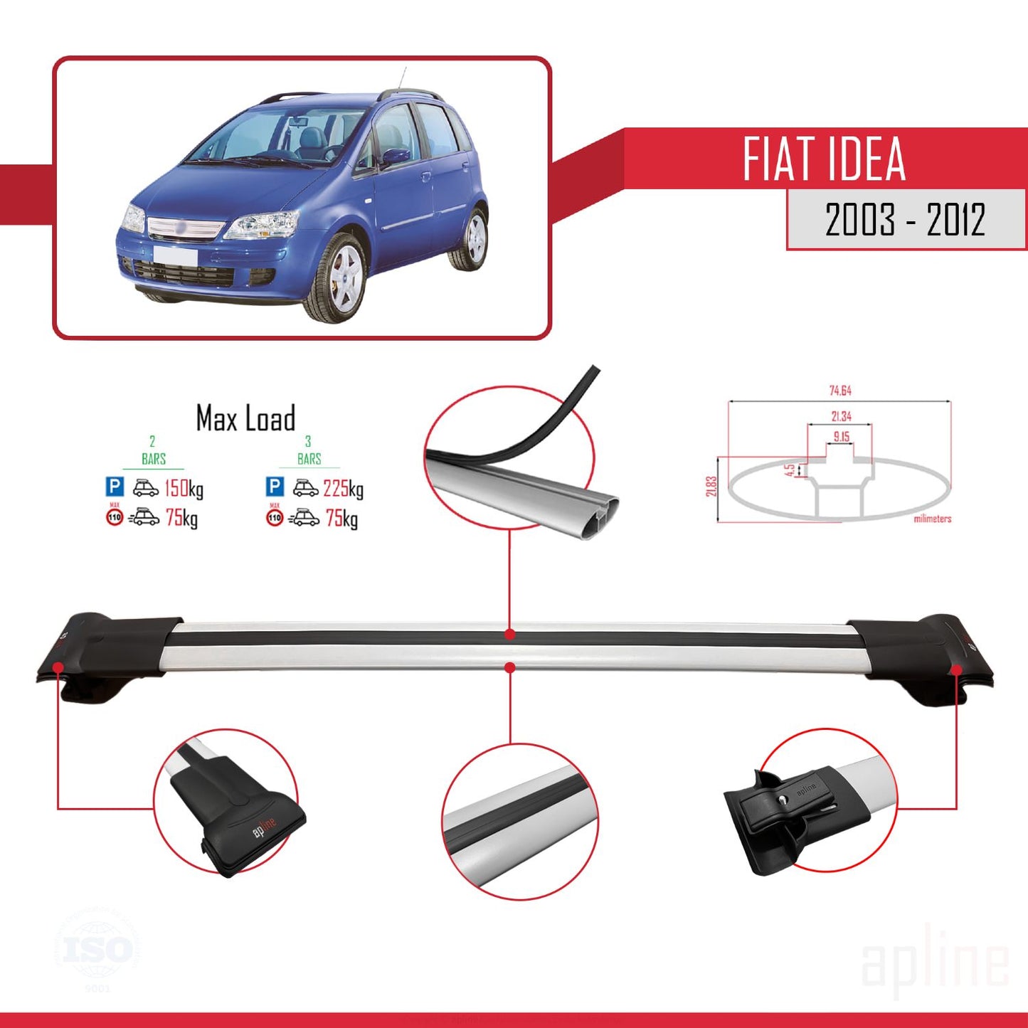 Compatible avec Fiat Idea 2003-2012 FLY Model Barres de Toit Railing Porte-Bagages de Voiture Gris Aluminium 3 Barres