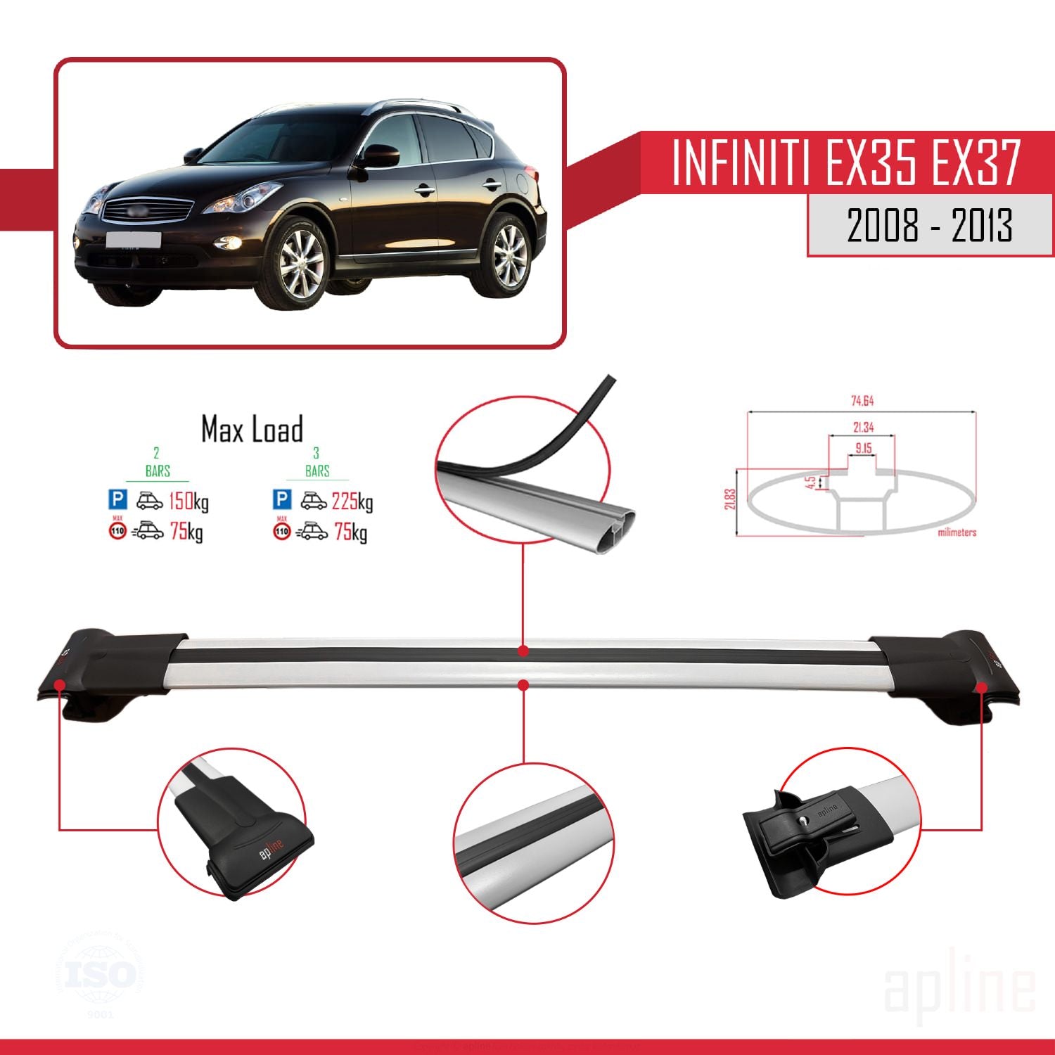 Compatible avec Infiniti EX35 EX37 2008-2013 FLY Model Barres de Toit Railing Porte-Bagages de Voiture Gris Aluminium 2 Barres