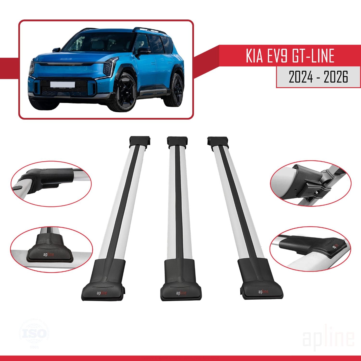 Compatible avec KIA EV9 GT-LINE 2024-2025 FLY Model Barres de Toit Railing Porte-Bagages de Voiture Gris Aluminium 3 Barres
