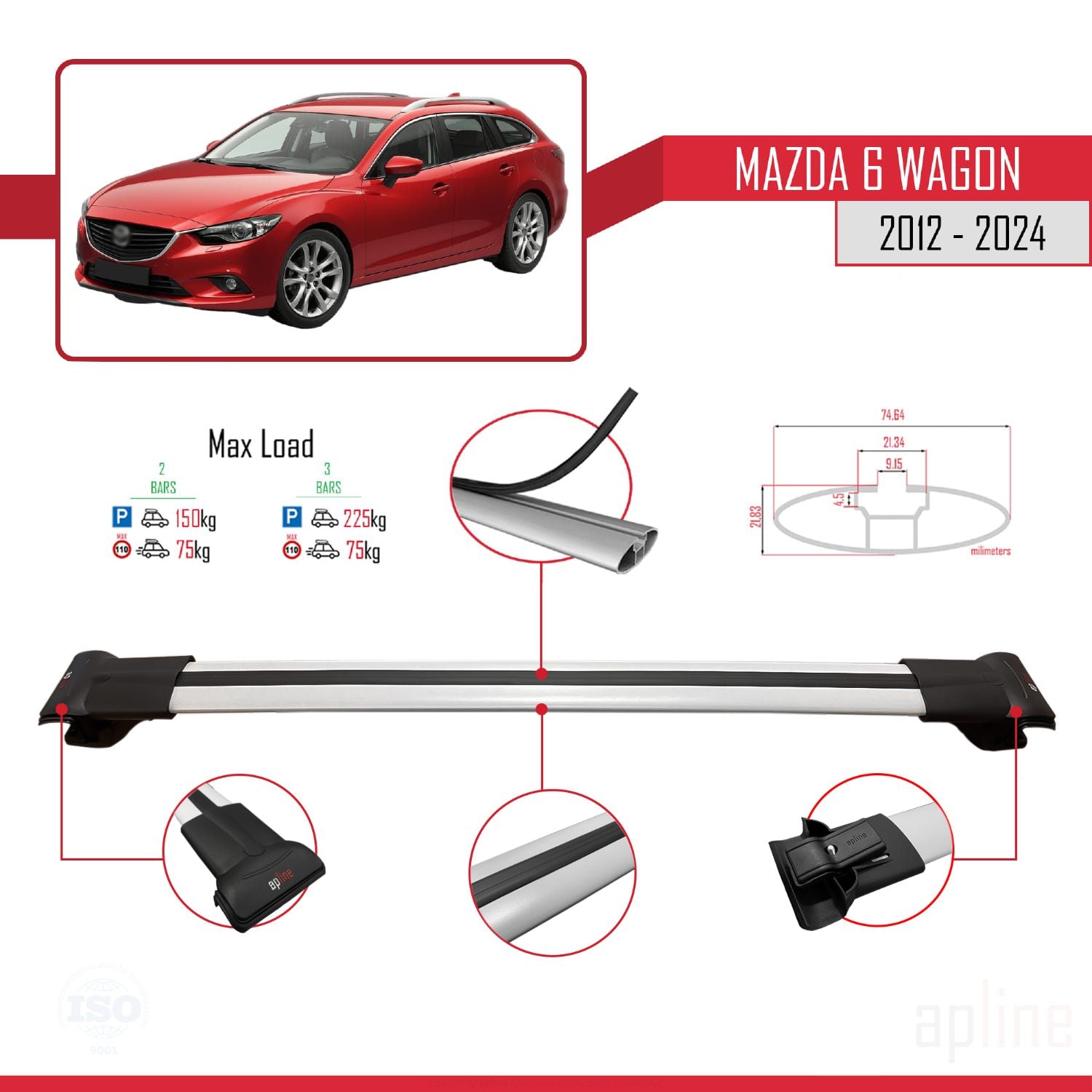 Compatible avec Mazda 6 Wagon 2012-2024 FLY Model Barres de Toit Railing Porte-Bagages de Voiture Gris Aluminium 3 Barres
