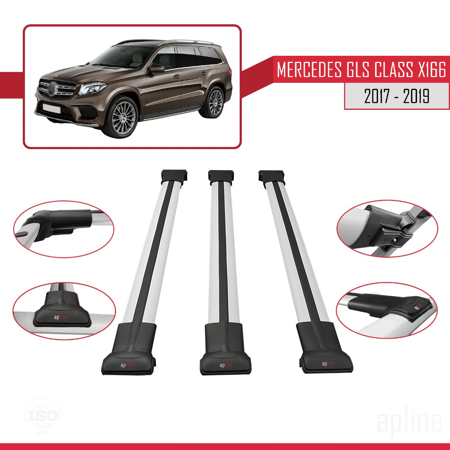 Compatible avec Mercedes GLS Class X166 2017-2019 FLY Model Barres de Toit Railing Porte-Bagages de Voiture Gris Aluminium 3 Barres
