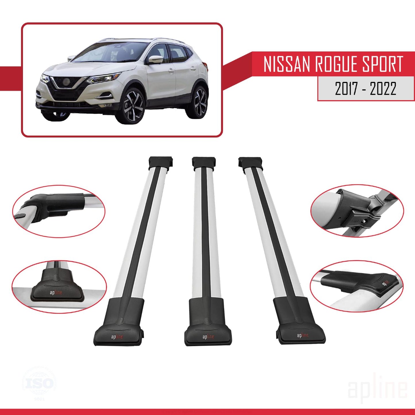 Compatible avec Nissan Rogue Sport 2017-2022 FLY Model Barres de Toit Railing Porte-Bagages de Voiture Gris Aluminium 3 Barres