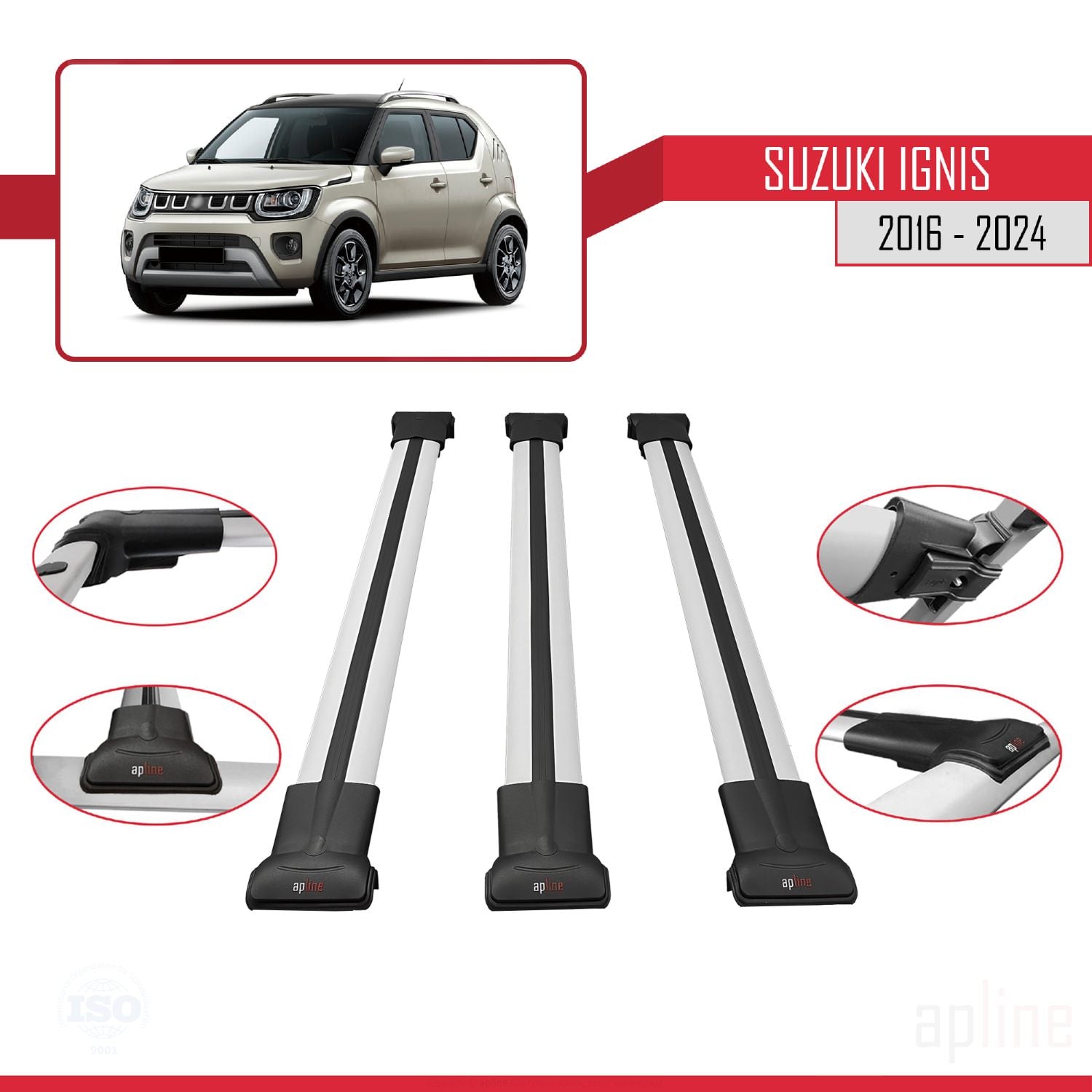 Compatible avec Suzuki Ignis 2016-2024 FLY Model Barres de Toit Railing Porte-Bagages de Voiture Gris Aluminium 3 Barres