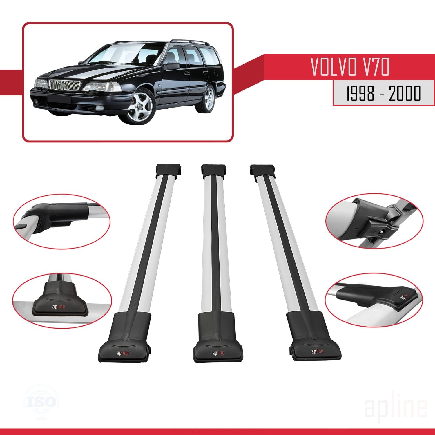 Compatible avec Volvo V70 1998-2000 FLY Model Barres de Toit Railing Porte-Bagages de Voiture Gris Aluminium 3 Barres
