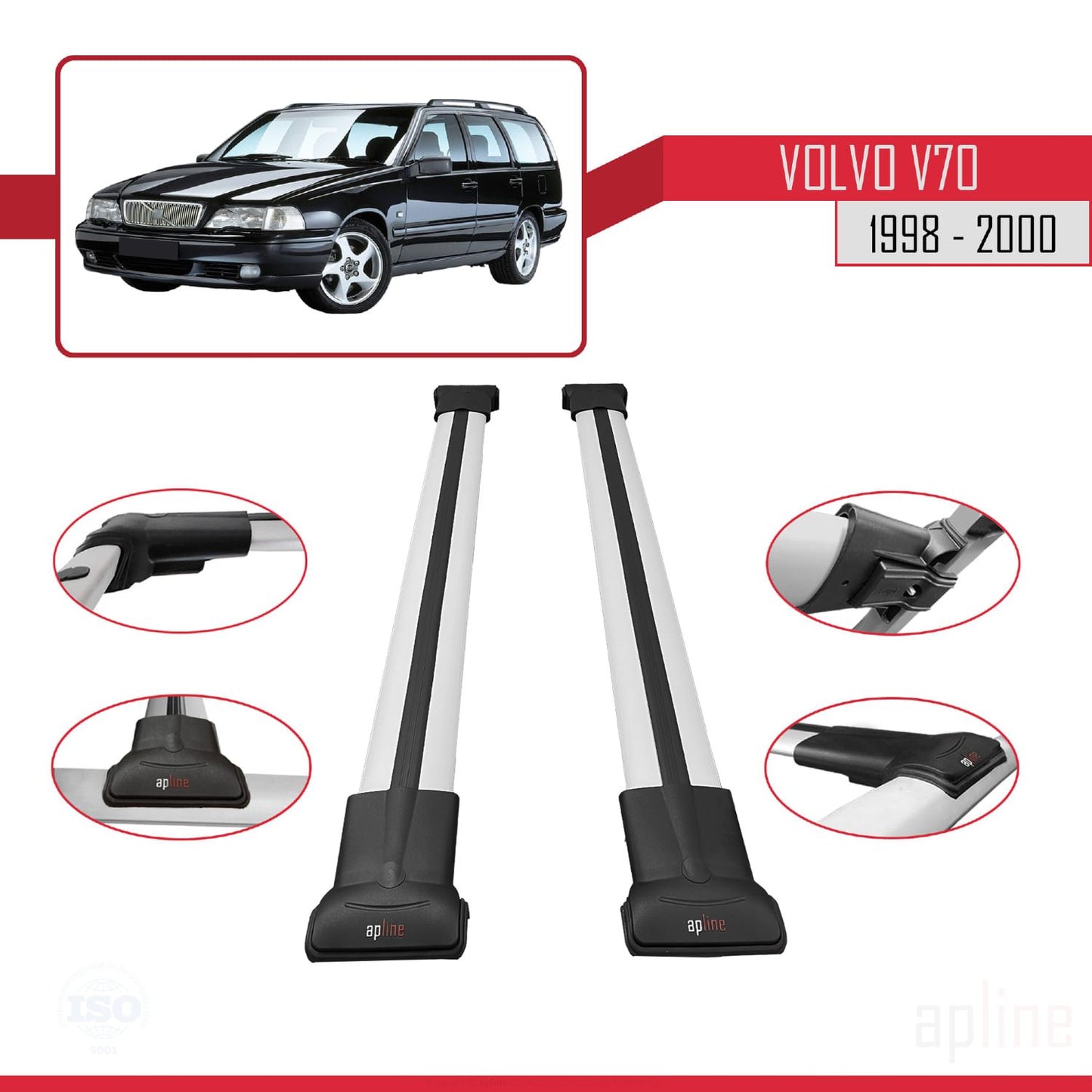 Compatible avec Volvo V70 1998-2000 FLY Model Barres de Toit Railing Porte-Bagages de Voiture Gris Aluminium 2 Barres