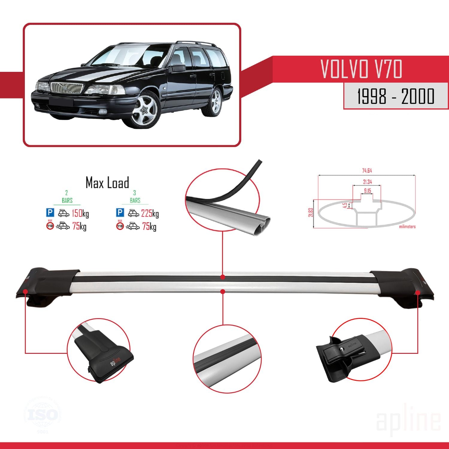 Compatible avec Volvo V70 1998-2000 FLY Model Barres de Toit Railing Porte-Bagages de Voiture Gris Aluminium 2 Barres