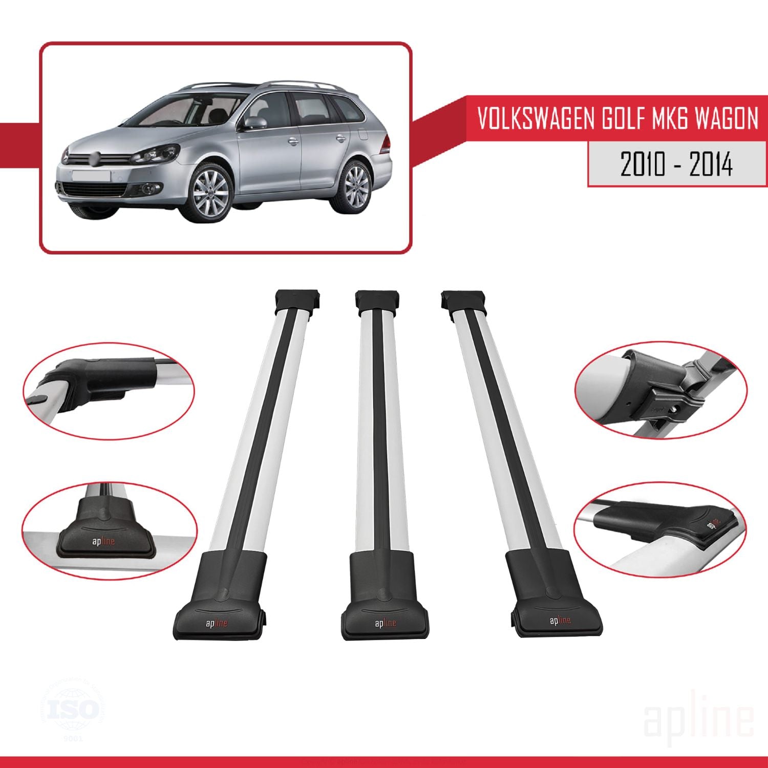 Compatible avec VW Golf Mk6 Wagon 2010-2014 FLY Model Barres de Toit Railing Porte-Bagages de Voiture Gris Aluminium 3 Barres