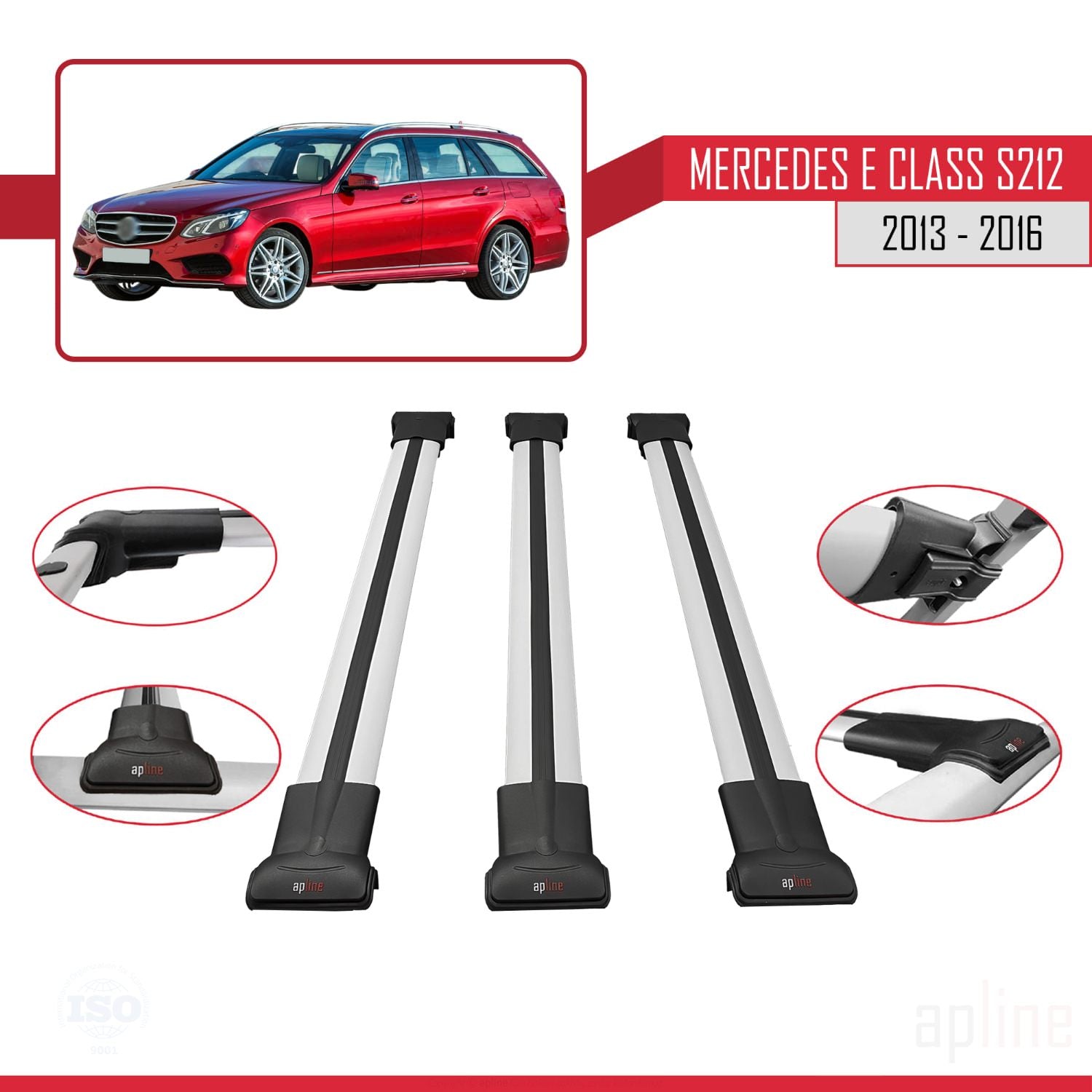 Compatible avec Mercedes E Class S212 2013-2016 FLY Model Barres de Toit Railing Porte-Bagages de Voiture Gris Aluminium 3 Barres