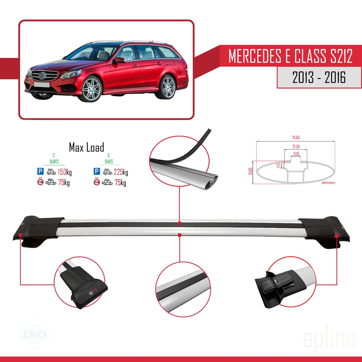 Compatible avec Mercedes E Class S212 2013-2016 FLY Model Barres de Toit Railing Porte-Bagages de Voiture Gris Aluminium 3 Barres