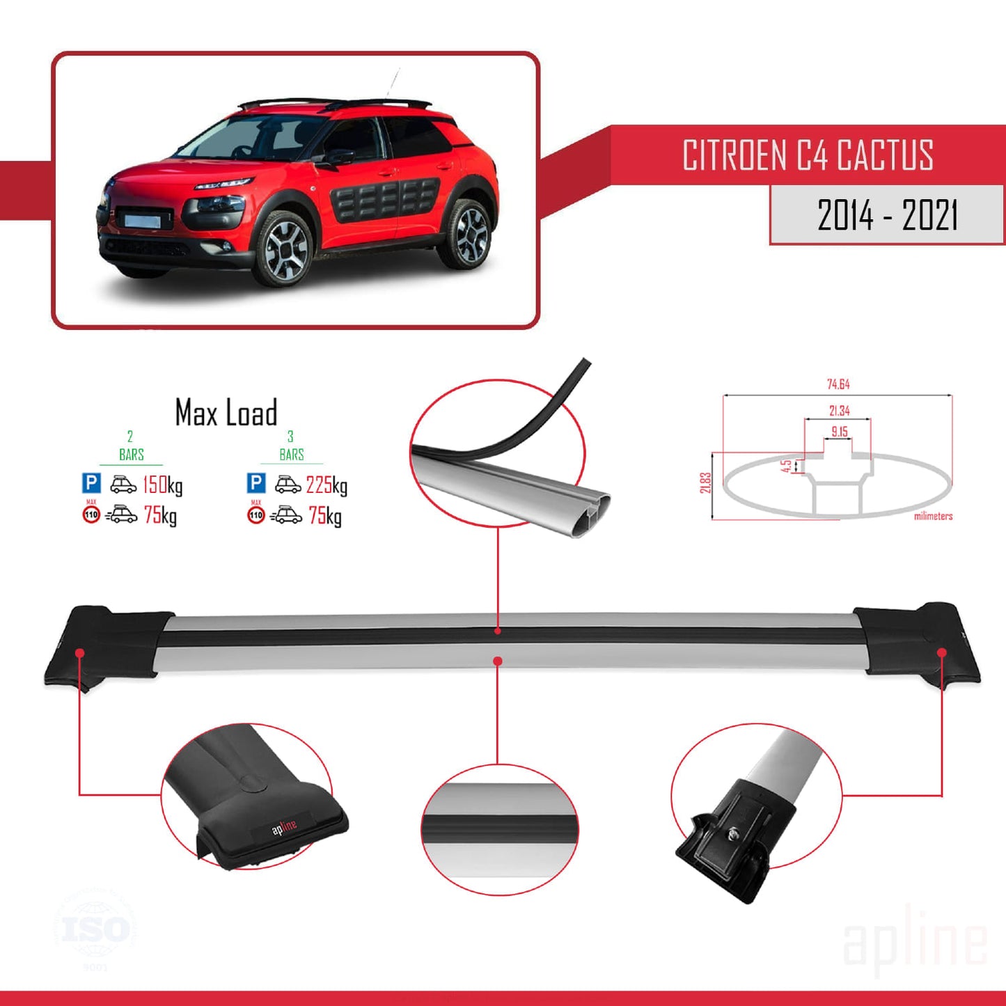 Compatible avec Citroen C4 Cactus 2014-2021 FLY Model Barres de Toit Railing Porte-Bagages de Voiture Gris Aluminium 2 Barres