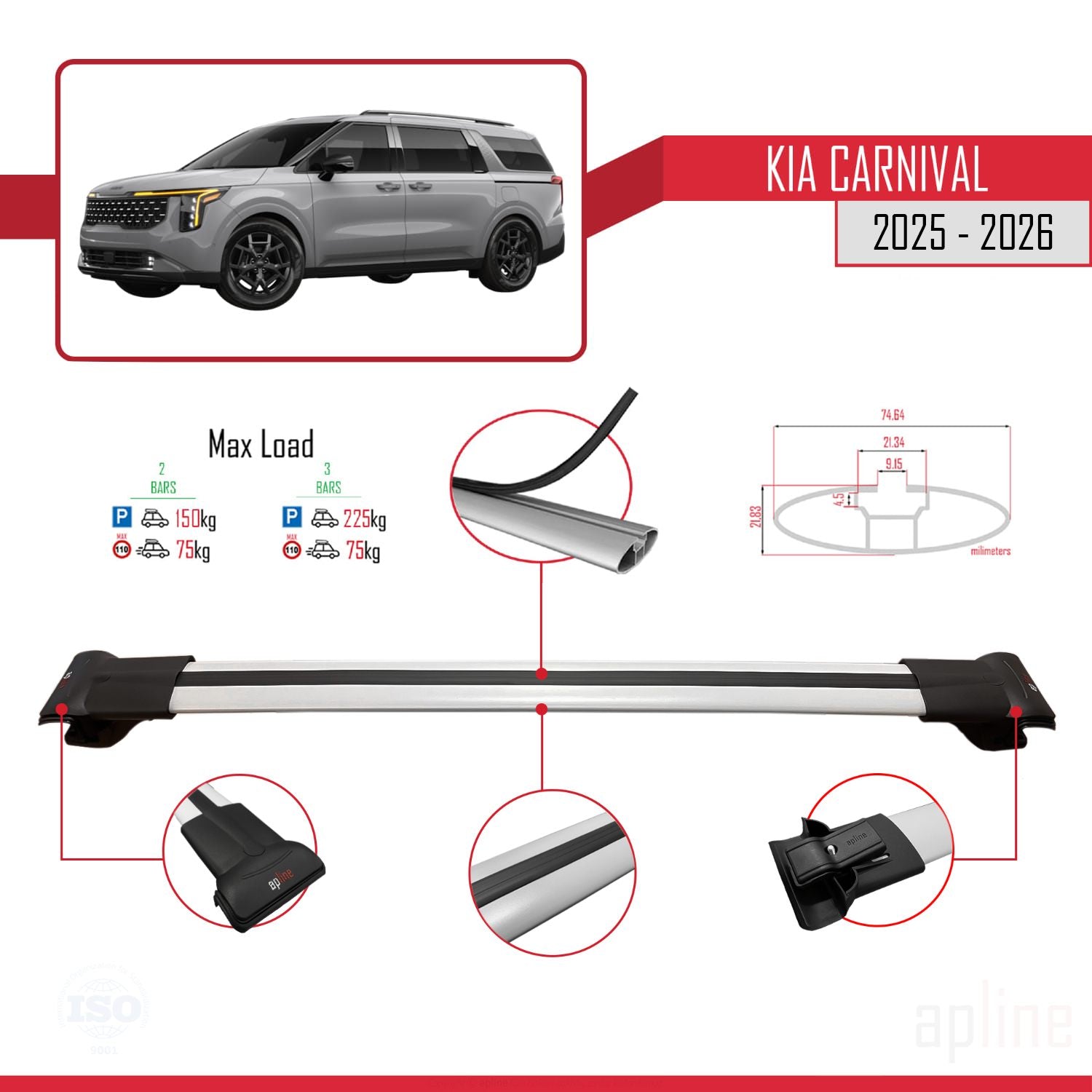 Compatible avec Kia Carnival 2025 FLY Model Barres de Toit Railing Porte-Bagages de Voiture Gris Aluminium 3 Barres