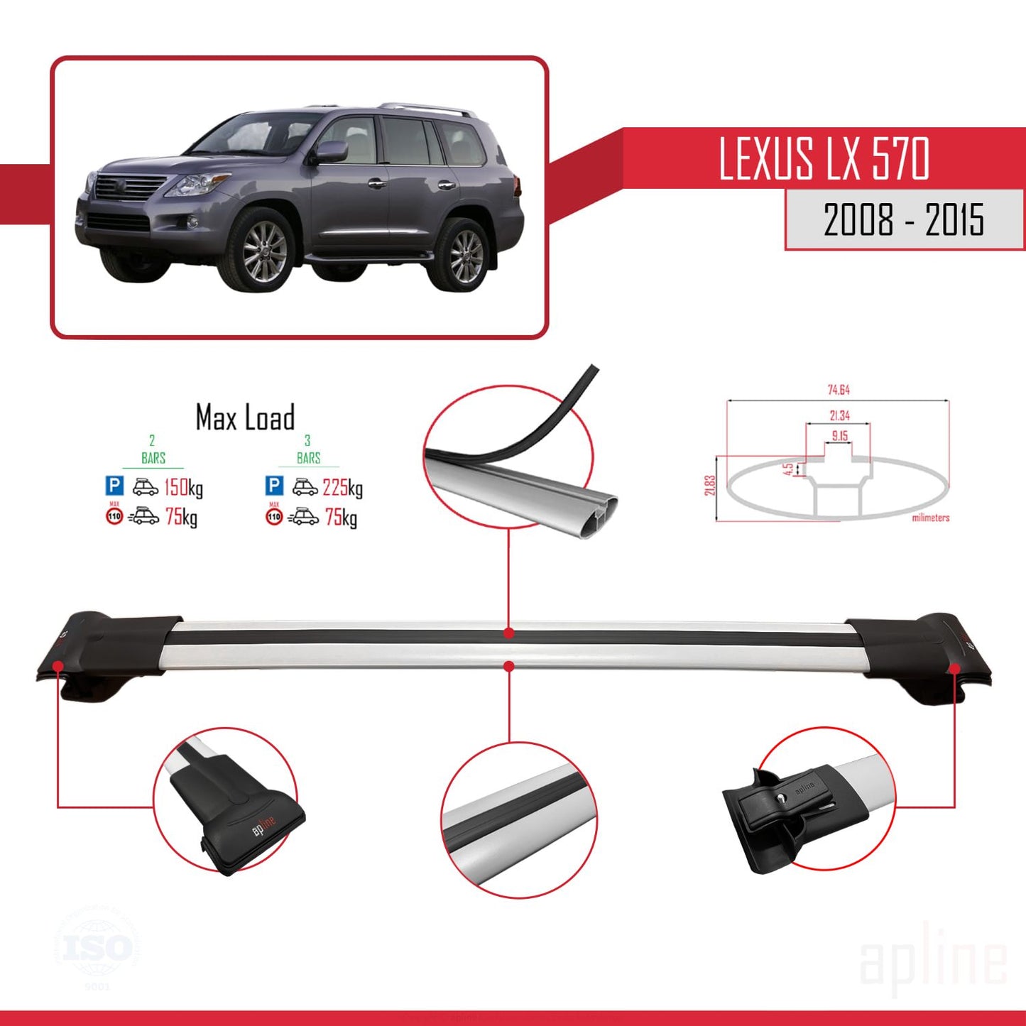 Compatible avec Lexus LX 570 2008-2015 FLY Model Barres de Toit Railing Porte-Bagages de Voiture Gris Aluminium 2 Barres