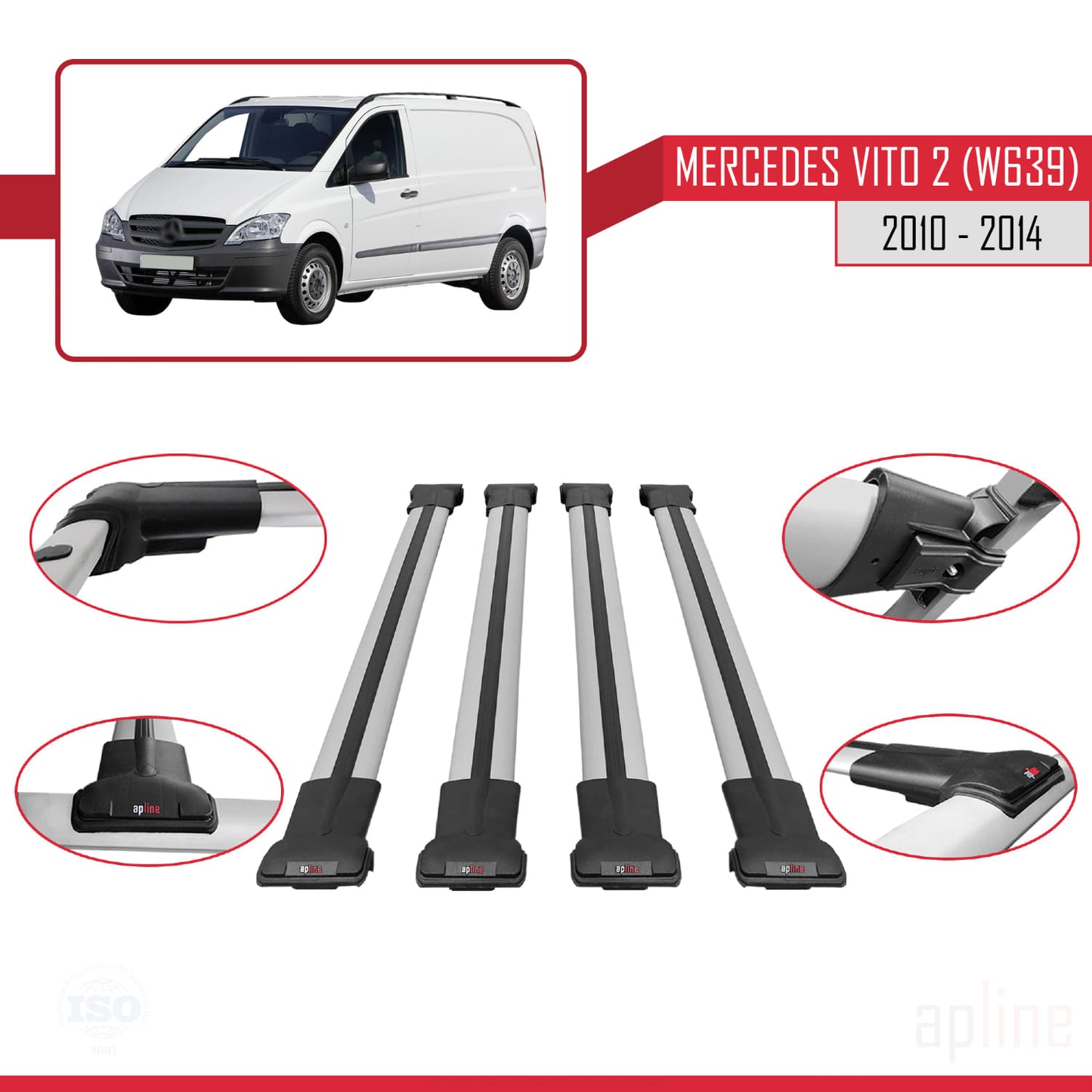 Compatible with Mercedes Vito 2 (W639) Post-Facelift 2010-2014 FLY Model Car Roof Rack Cross Bar Grey Aluminium 4 Bars