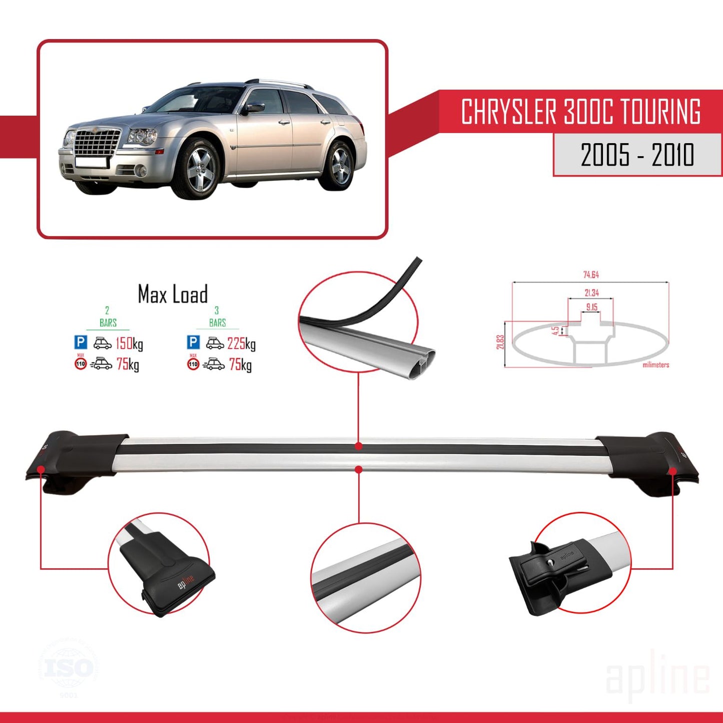 Compatible avec Chrysler 300C Touring 2005-2010 FLY Model Barres de Toit Railing Porte-Bagages de Voiture Gris Aluminium 3 Barres