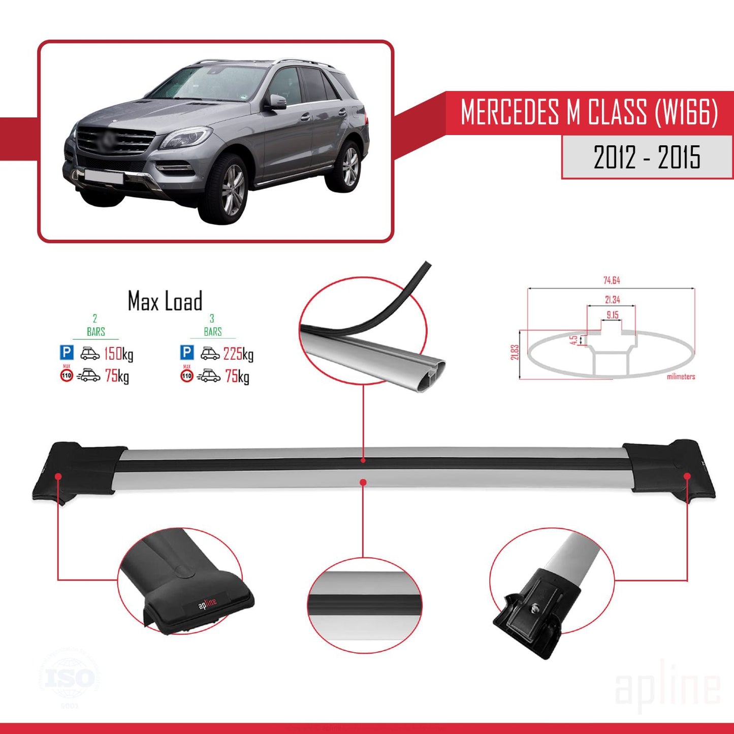 Compatible avec Mercedes Classe M 3 (W166) Pre-Facelift 2012-2015 FLY Model Barres de Toit Railing Porte-Bagages de Voiture Gris Aluminium 2 Barres