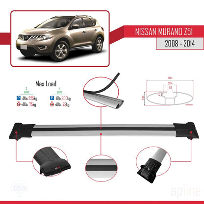 Compatible with Nissan Murano 2 (Z51) 2008-2014 FLY Model Car Roof Rack Cross Bar Grey Aluminium 3 Bars