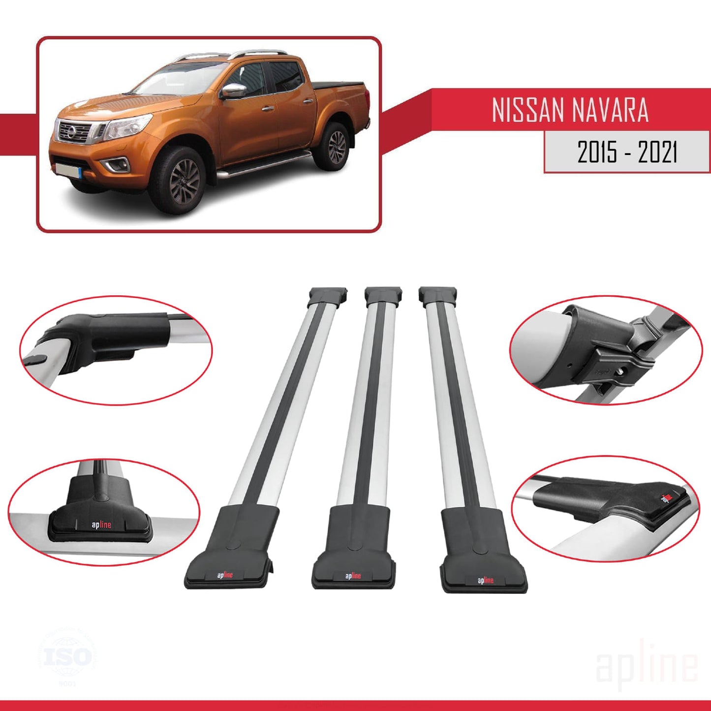 Compatible avec Nissan Navara 4 (D23) 2015-2021 FLY Model Barres de Toit Railing Porte-Bagages de Voiture Gris Aluminium 3 Barres