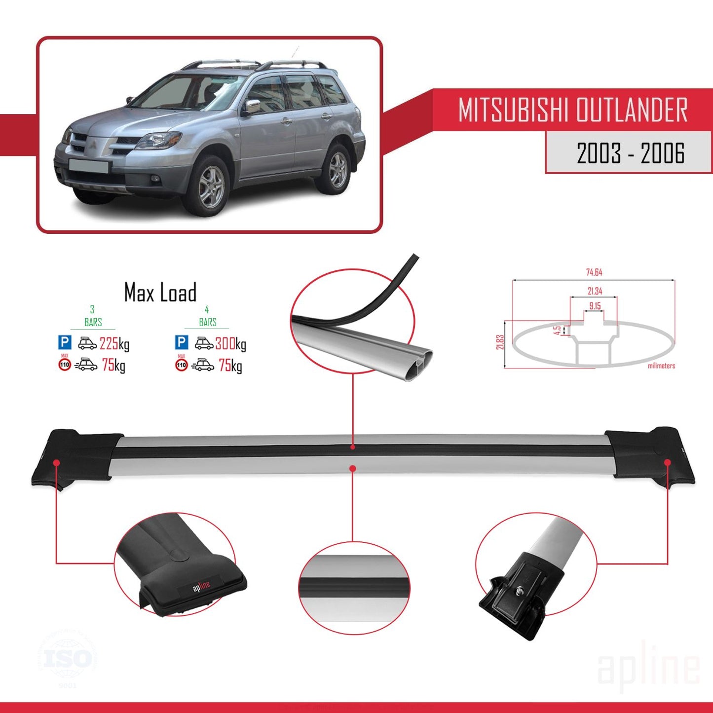 FLY Model Dakdrager bagagedrager compatibel met Mitsubishi Outlander 2003-2006 Spoorstaven Grijs Aluminium 3 Staven