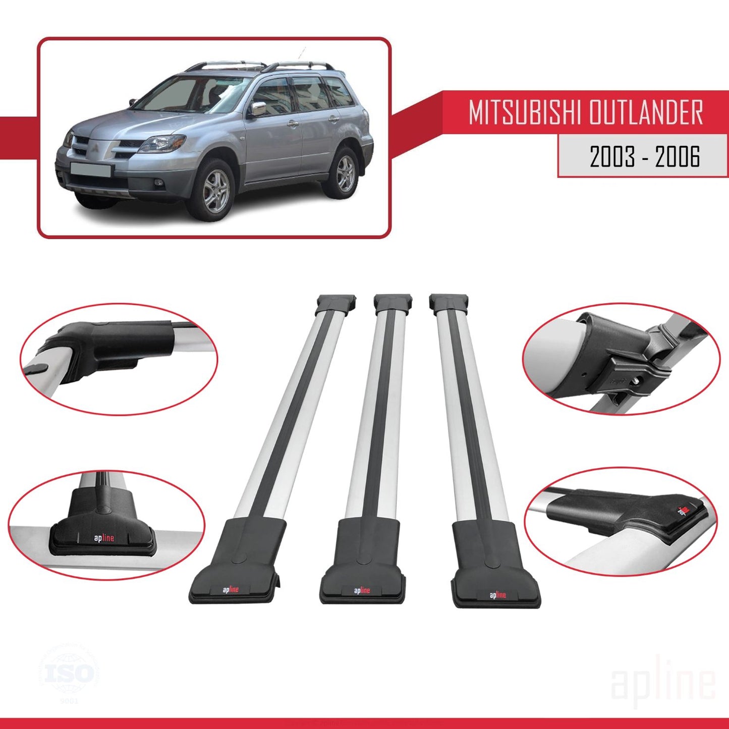 FLY Model Dakdrager bagagedrager compatibel met Mitsubishi Outlander 2003-2006 Spoorstaven Grijs Aluminium 3 Staven