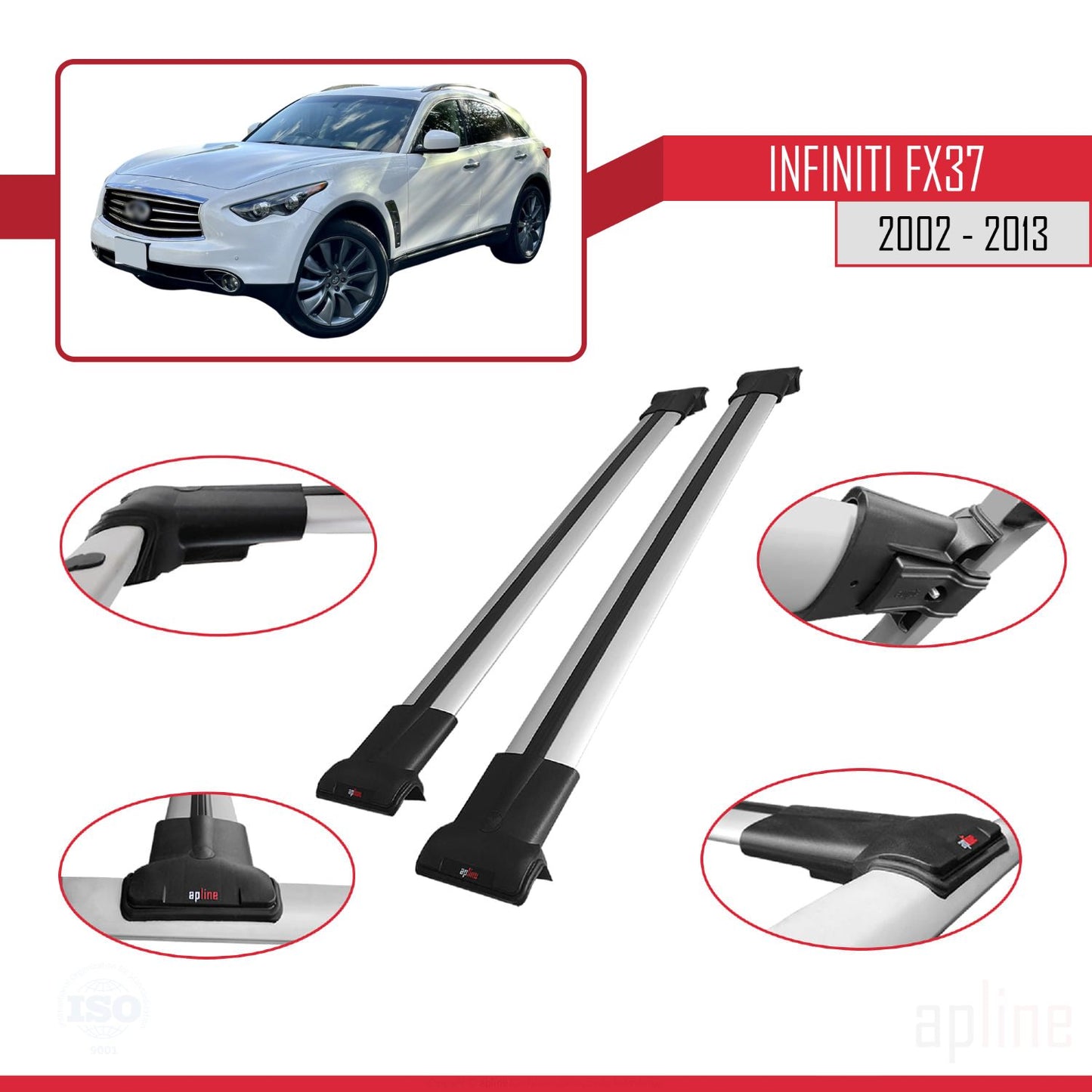 Compatible avec Infiniti FX37 2002-2013 FLY Model Barres de Toit Railing Porte-Bagages de Voiture Gris Aluminium 2 Barres