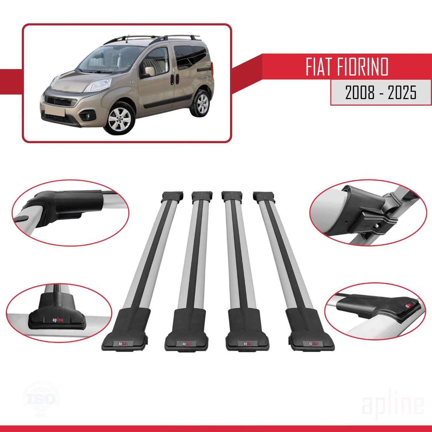 Compatible avec Fiat Fiorino (Modèle Tubulaire) 2008-2025 FLY Model Barres de Toit Railing Porte-Bagages de Voiture Gris Aluminium 4 Barres