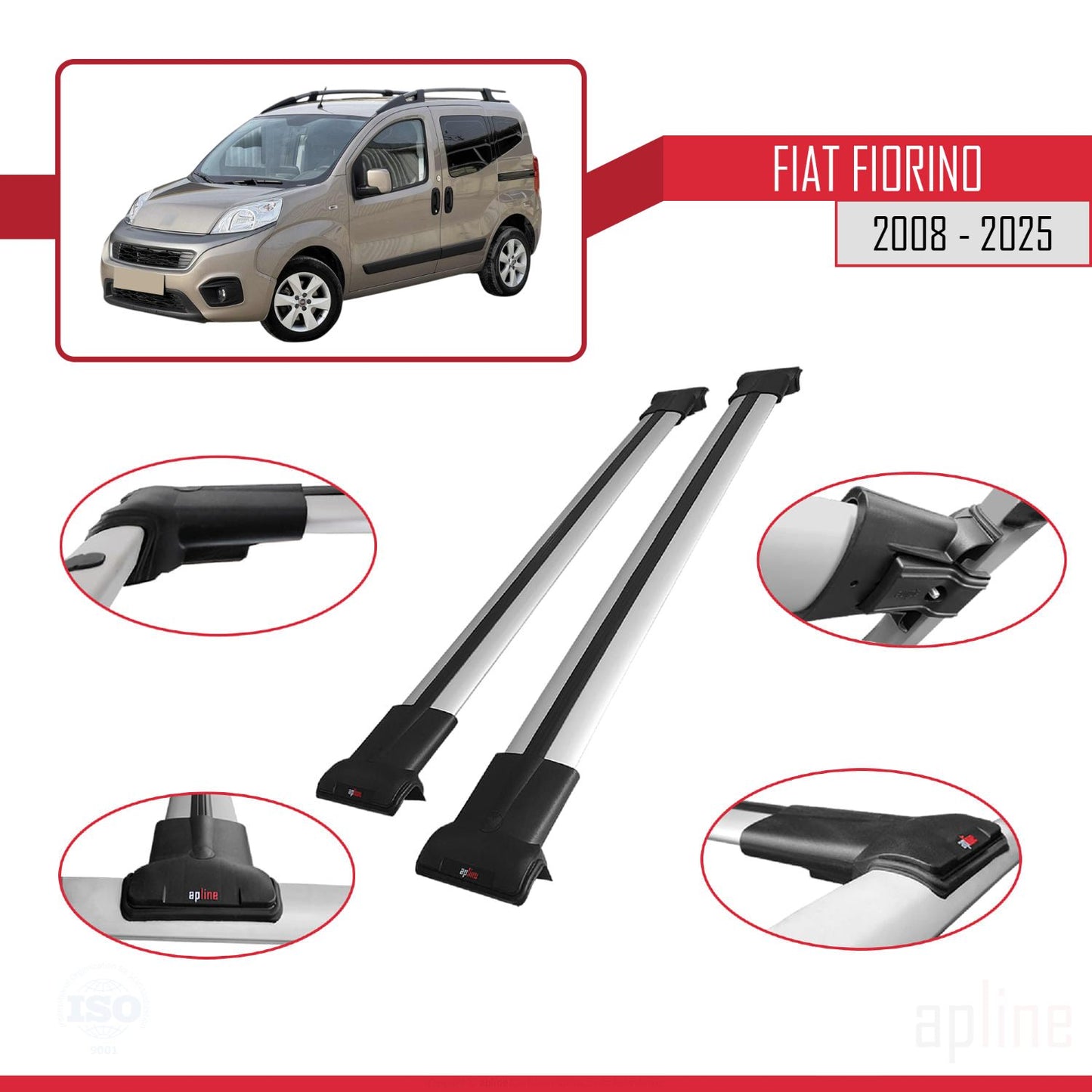 Compatible avec Fiat Fiorino (Modèle Tubulaire) FLY Model Barres de Toit Railing Porte-Bagages de Voiture Gris Aluminium 2 Barres