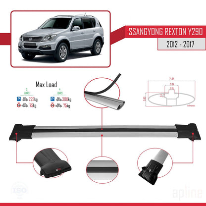 Compatible with Ssangyong Rexton (Y290) 2012-2017 FLY Model Car Roof Rack Cross Bar Grey Aluminium 3 Bars