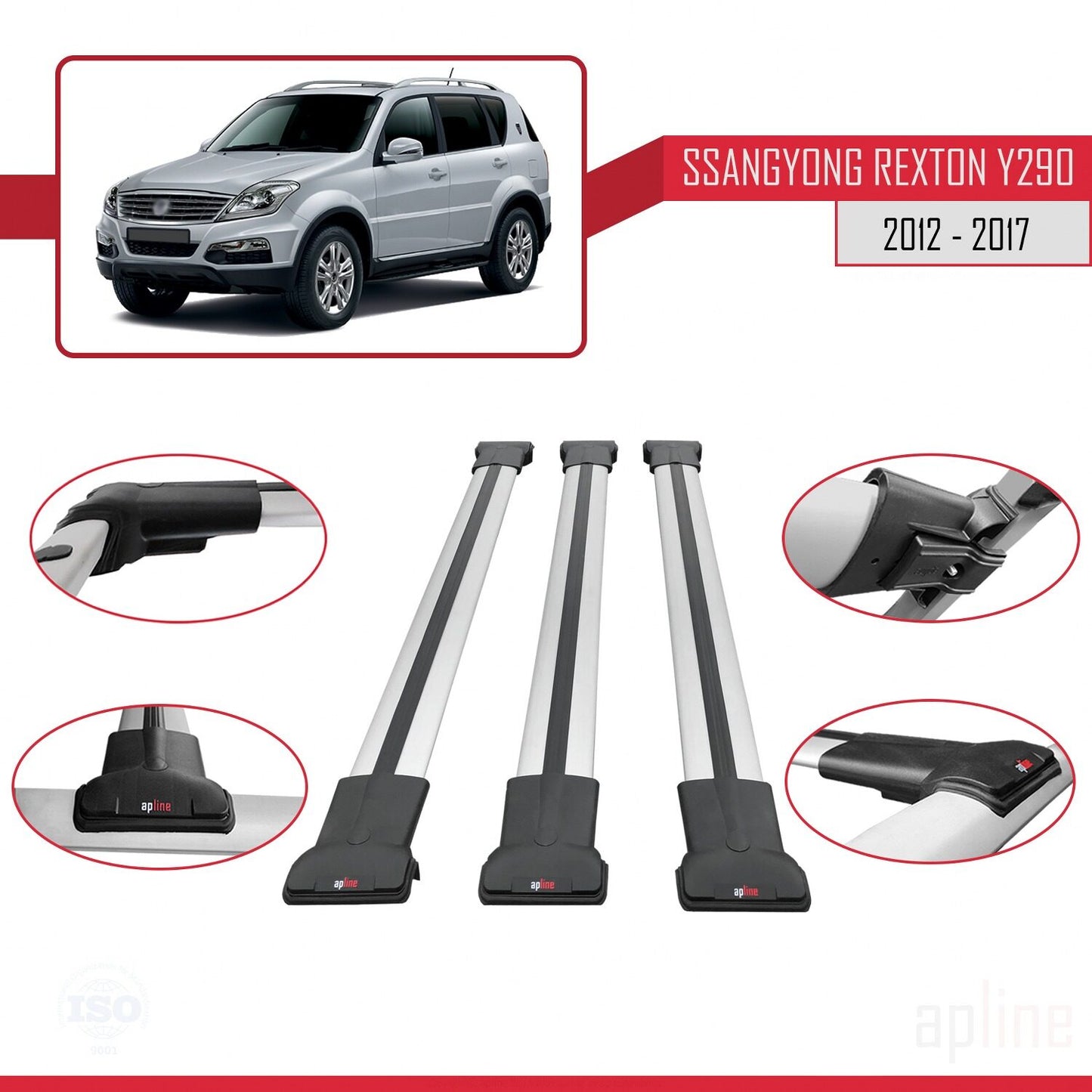 Compatible with Ssangyong Rexton (Y290) 2012-2017 FLY Model Car Roof Rack Cross Bar Grey Aluminium 3 Bars