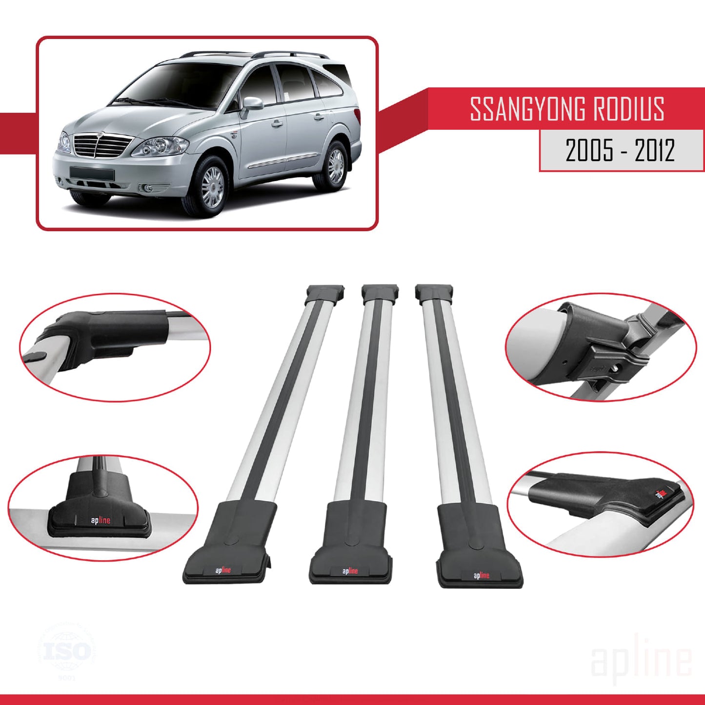 Compatible avec Ssangyong Rodius 2005-2012 FLY Model Barres de Toit Railing Porte-Bagages de Voiture Gris Aluminium 3 Barres