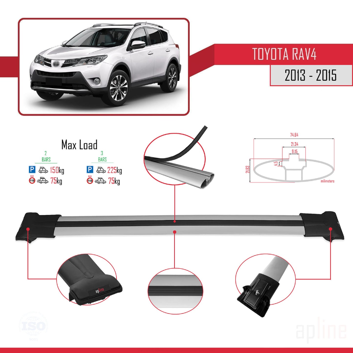 Compatible avec Toyota RAV4 IV (XA40) Pre-Facelift 2013-2015 FLY Model Barres de Toit Railing Porte-Bagages de Voiture Gris Aluminium 2 Barres