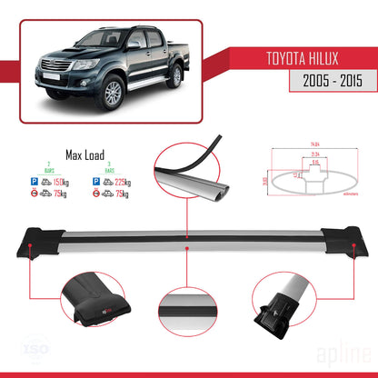 Compatible avec Toyota Hilux 7 (AN30) 2005-2015 FLY Model Barres de Toit Railing Porte-Bagages de Voiture Gris Aluminium 2 Barres