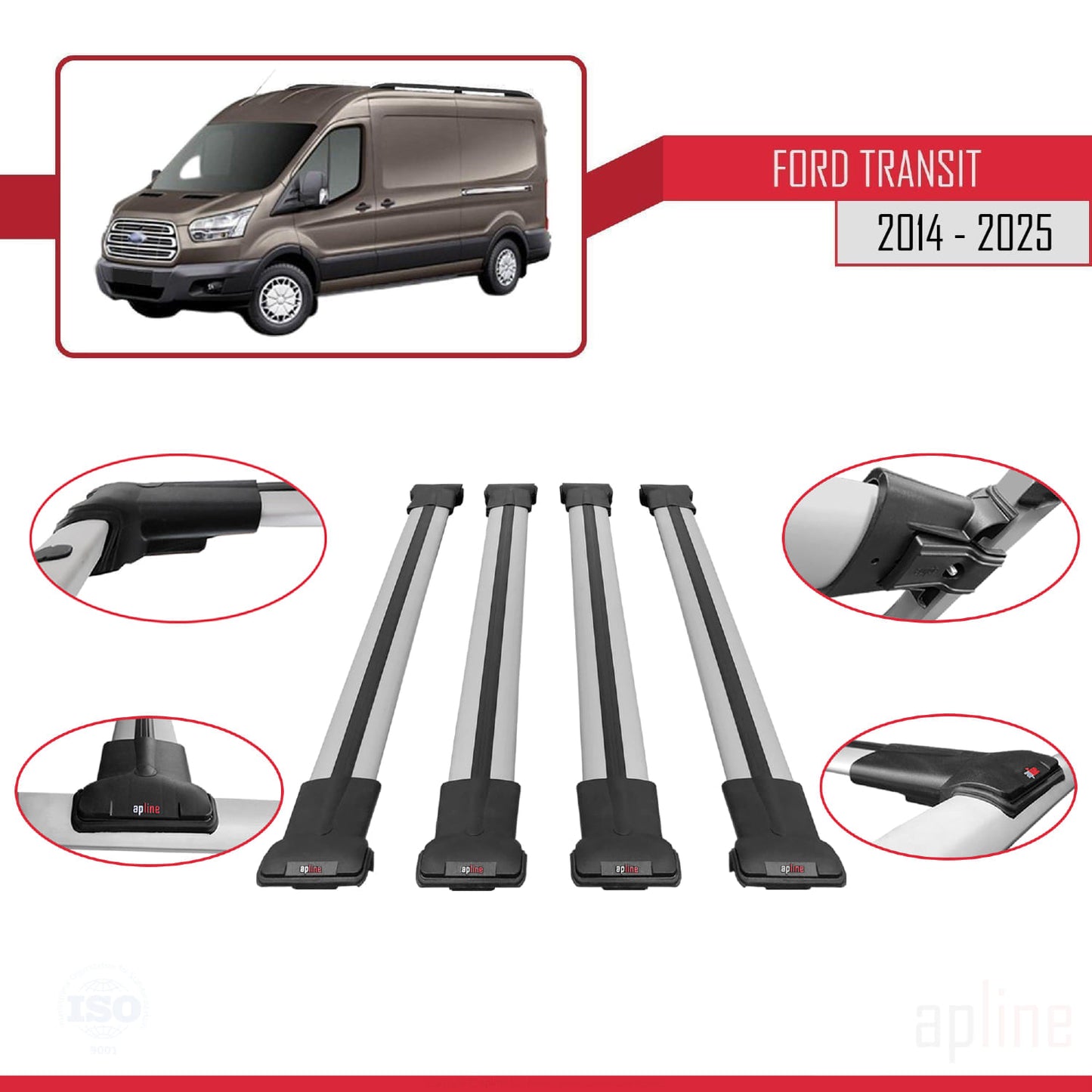 Compatible avec Ford Transit 2014-2025 FLY Model Barres de Toit Railing Porte-Bagages de Voiture Gris Aluminium 4 Barres