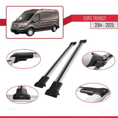 Compatible avec Ford Transit 2014-2025 FLY Model Barres de Toit Railing Porte-Bagages de Voiture Gris Aluminium 2 Barres