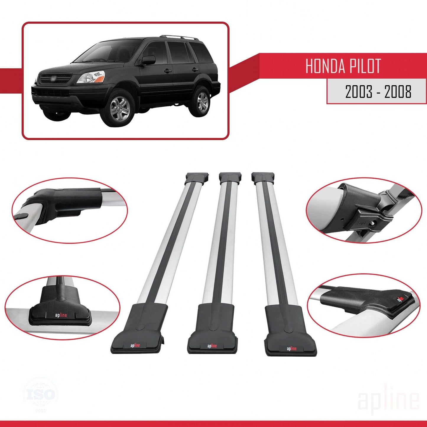 Compatible with Honda Pilot 2003-2008 FLY Model Car Roof Rack Cross Bar Grey Aluminium 3 Bars