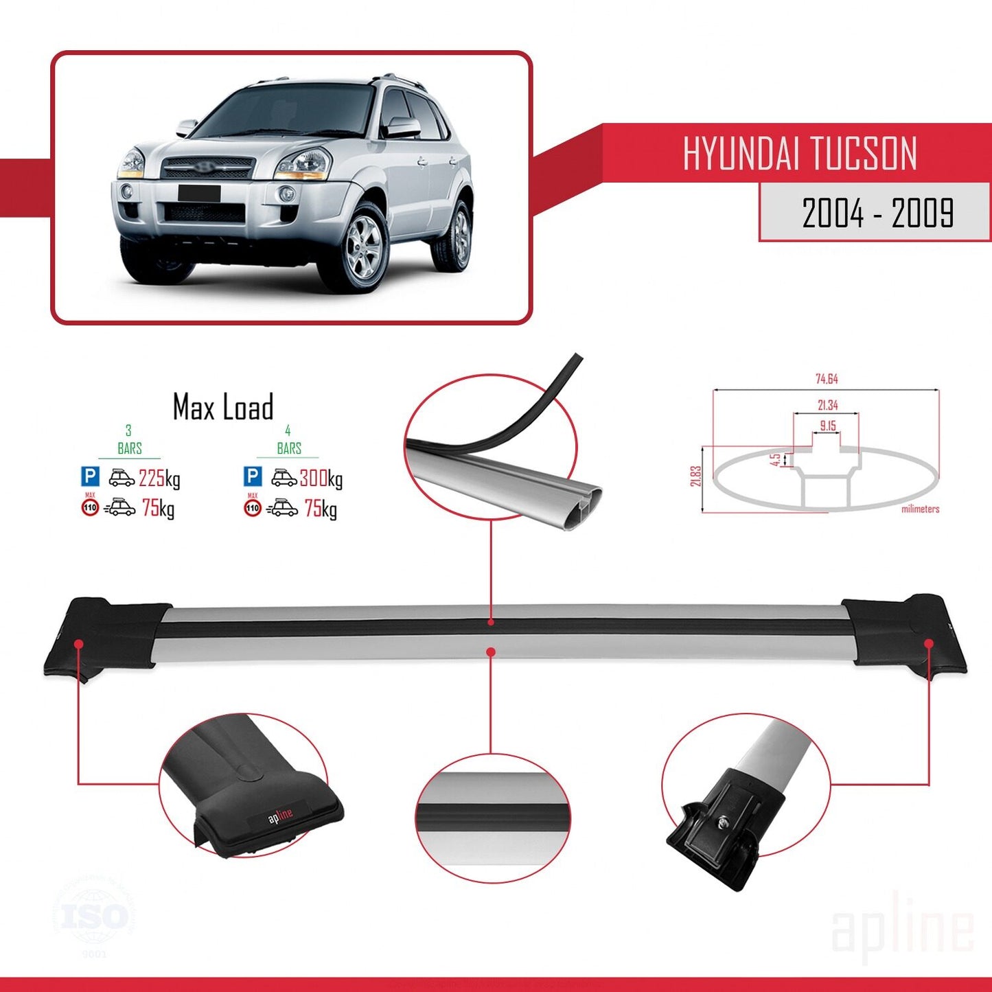 Compatible with Hyundai Tucson (JM) 2004-2009 FLY Model Car Roof Rack Cross Bar Grey Aluminium 3 Bars