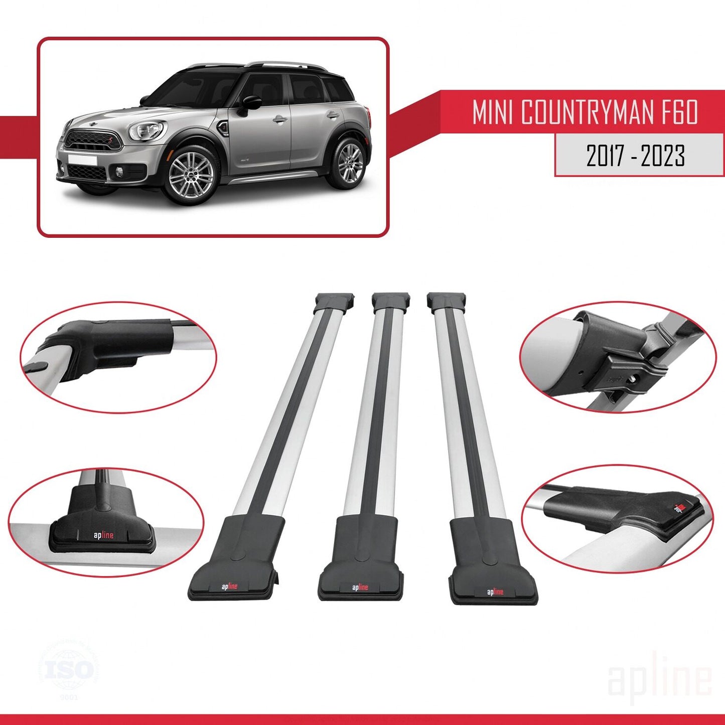 Compatible avec Mini Countryman 2 (F60) 2017-2023 FLY Model Barres de Toit Railing Porte-Bagages de Voiture Gris Aluminium 3 Barres