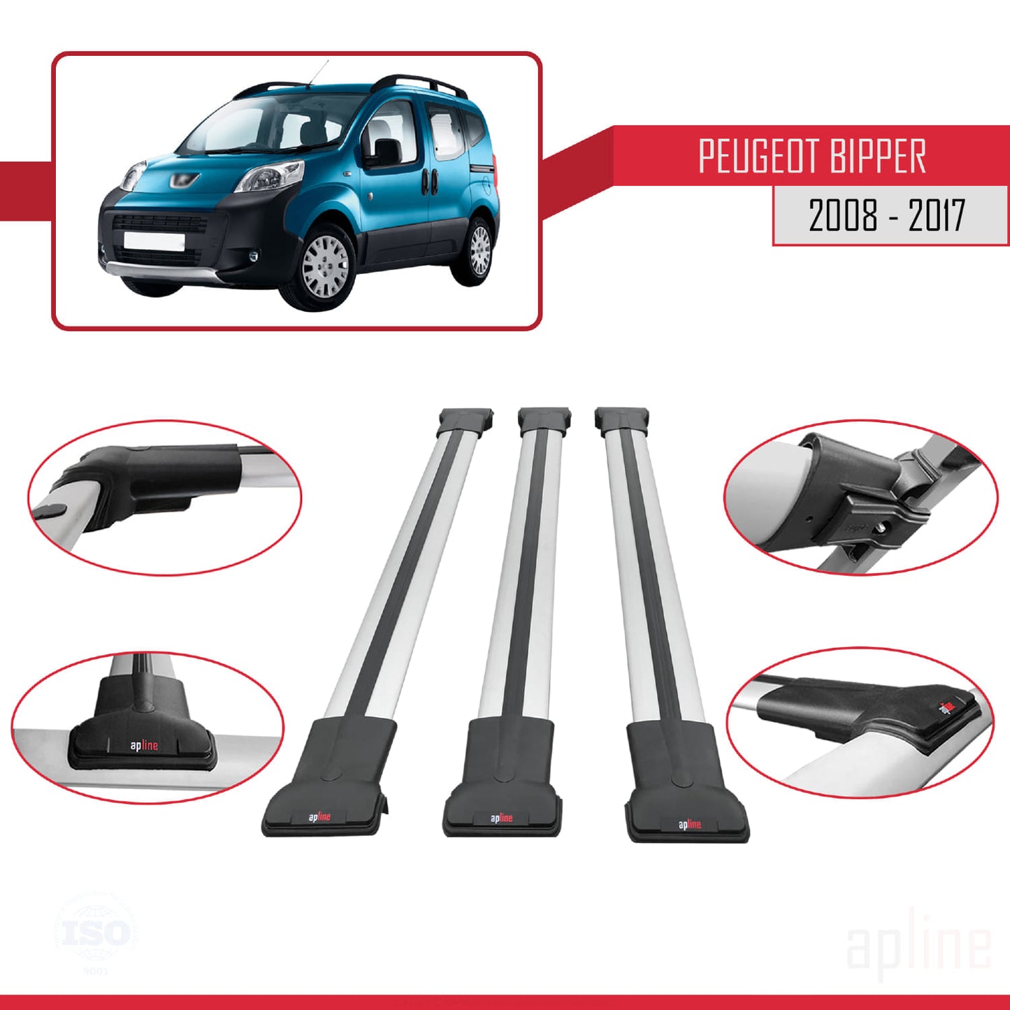 Compatible with Peugeot Bipper 2008-2017 FLY Model Car Roof Rack Cross Bar Grey Aluminium 3 Bars