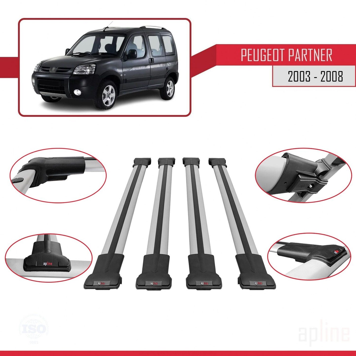 Compatible avec Peugeot Partner Post-Facelift 2003-2008 FLY Model Barres de Toit Railing Porte-Bagages de Voiture Gris Aluminium 4 Barres
