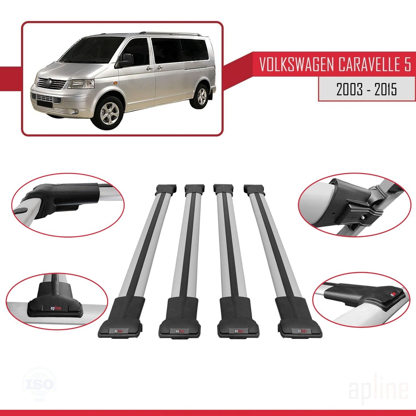 Compatible avec Volkswagen T5 Caravelle 2003-2015 FLY Model Barres de Toit Railing Porte-Bagages de Voiture Gris Aluminium 4 Barres