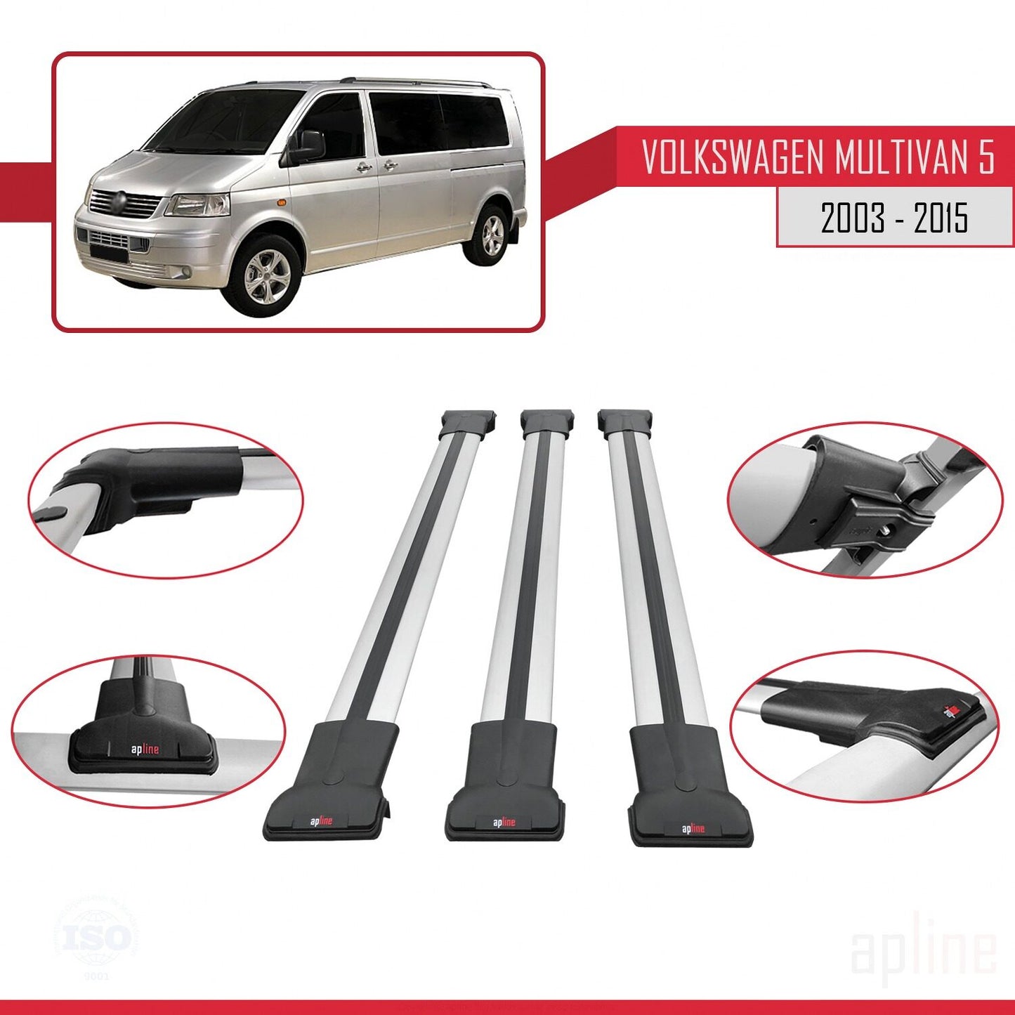 Compatible avec Volkswagen T5 Multivan 2003-2015 FLY Model Barres de Toit Railing Porte-Bagages de Voiture Gris Aluminium 3 Barres