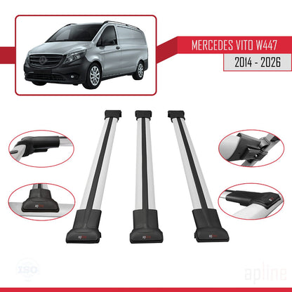 Compatible avec Mercedes Vito 3 (W447) 2014-2025 FLY Model Barres de Toit Railing Porte-Bagages de Voiture Gris Aluminium 3 Barres