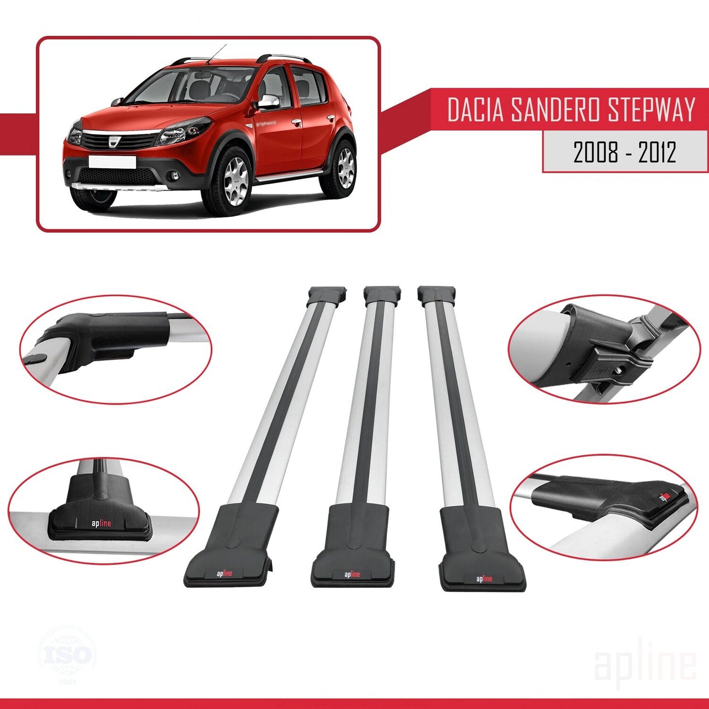 Compatible avec Dacia Sandero Stepway 2008-2012 FLY Model Barres de Toit Railing Porte-Bagages de Voiture Gris Aluminium 3 Barres