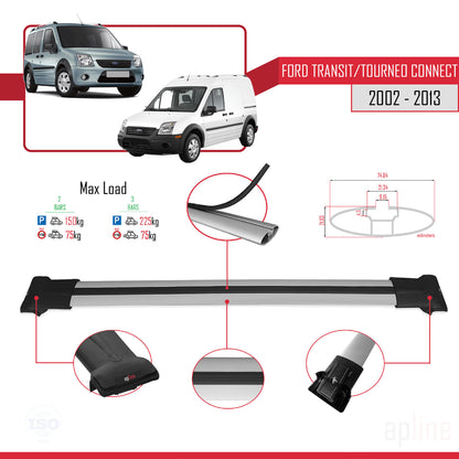 Compatible avec Ford Transit/Tourneo Connect 2002-2013 FLY Model Barres de Toit Railing Porte-Bagages de Voiture Gris Aluminium 2 Barres