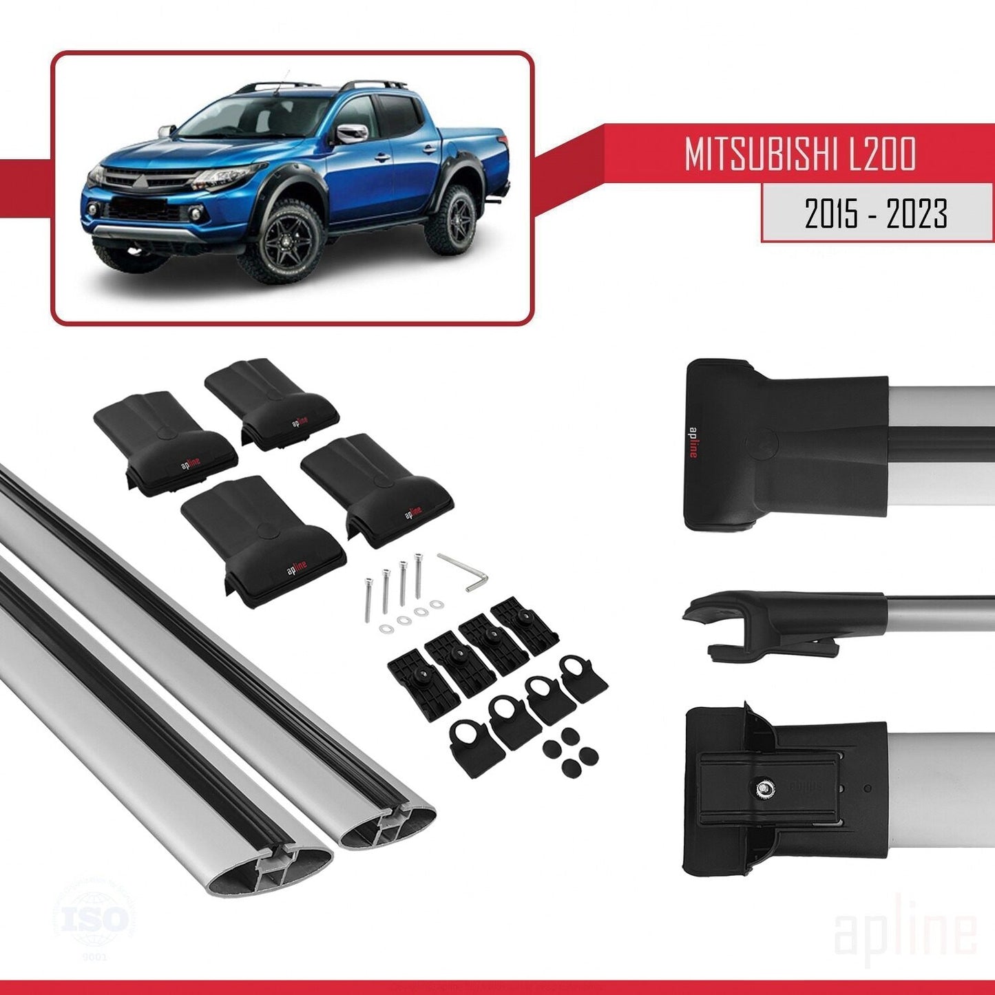 FLY Model Dakdrager bagagedrager compatibel met Mitsubishi L200 V 2015-2023 Spoorstaven Grijs Aluminium 2 Staven