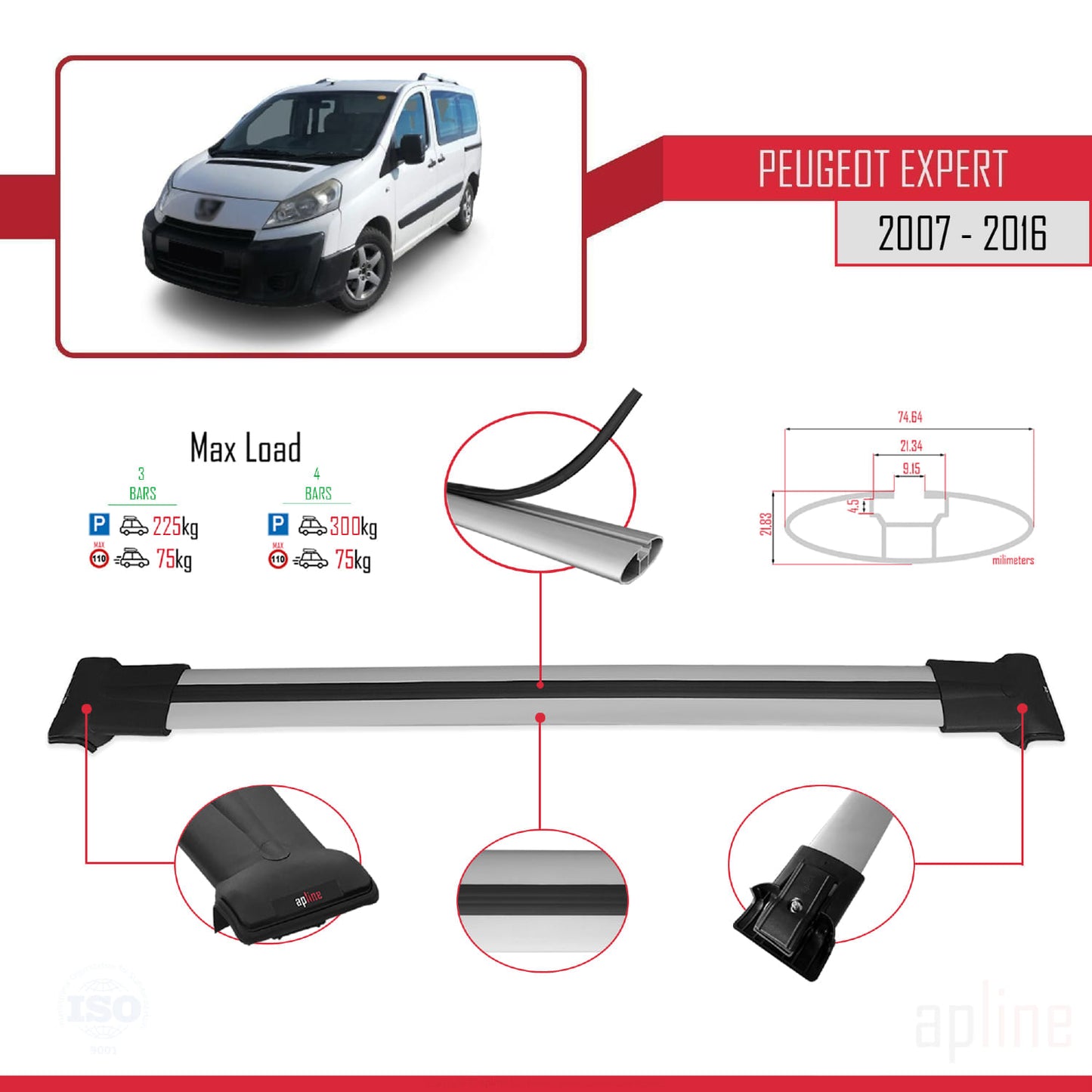 Compatible with Peugeot Expert 2 2007-2016 FLY Model Car Roof Rack Cross Bar Grey Aluminium 4 Bars