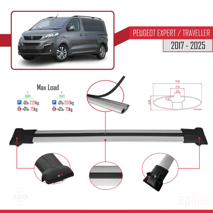 Compatible with Peugeot Expert 3 Traveller 2017-2025 FLY Model Car Roof Rack Cross Bar Grey Aluminium 4 Bars