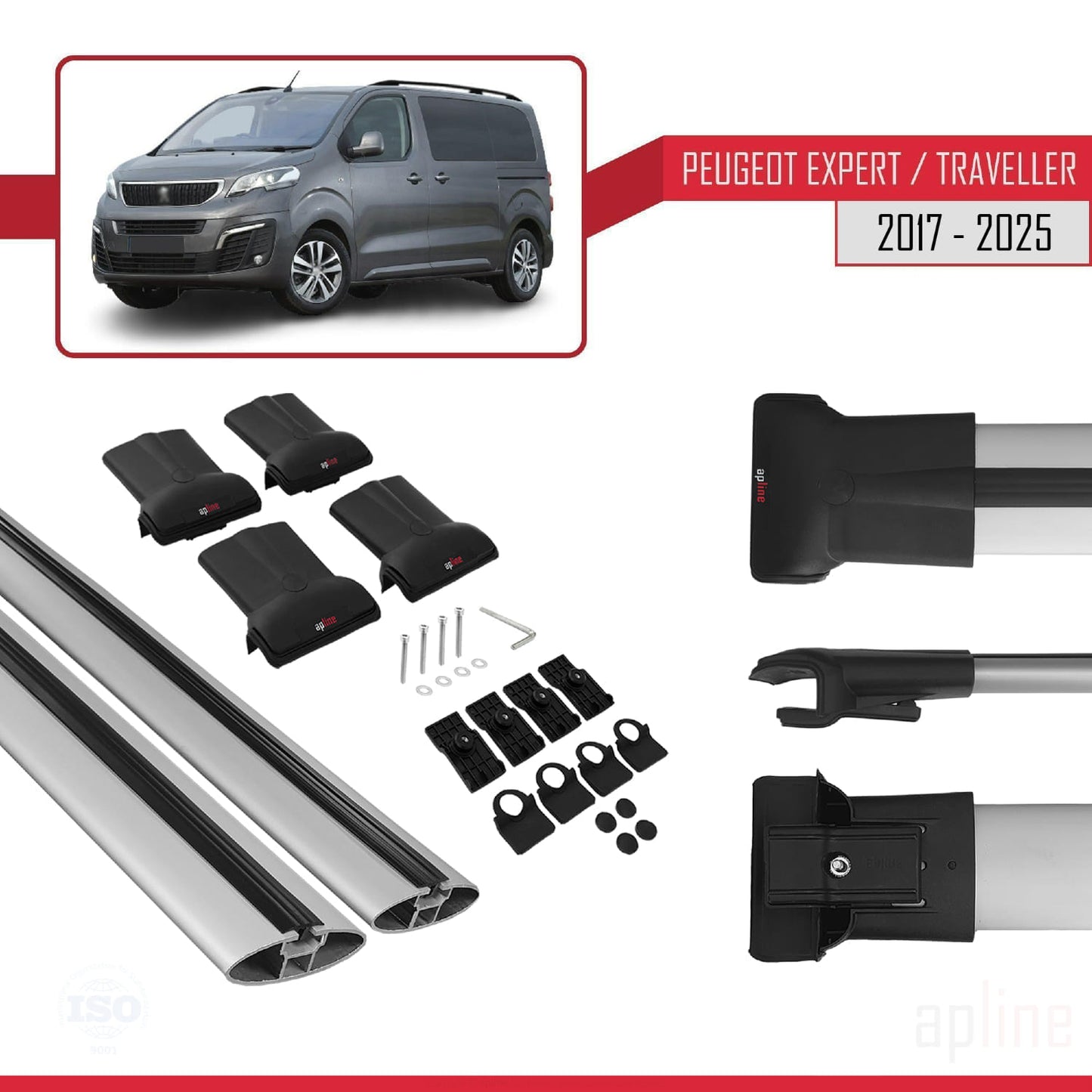 Compatible with Peugeot Expert 3 Traveller 2017-2025 FLY Model Car Roof Rack Cross Bar Grey Aluminium 2 Bars