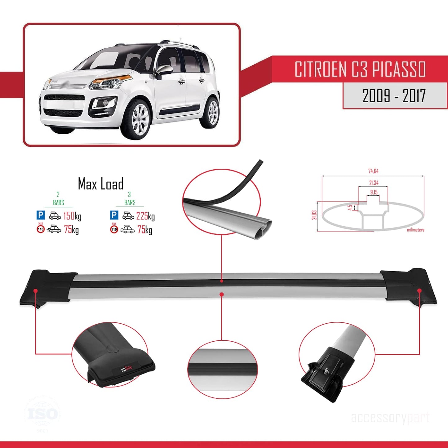 Compatible with Citroen C3 Picasso 2009-2017 FLY Model Car Roof Rack Cross Bar Grey Aluminium 2 Bars